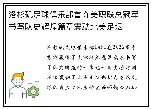 洛杉矶足球俱乐部首夺美职联总冠军书写队史辉煌篇章震动北美足坛 洛杉矶足球俱乐部首夺美职联总冠军书写队史辉煌篇章震动北美足坛